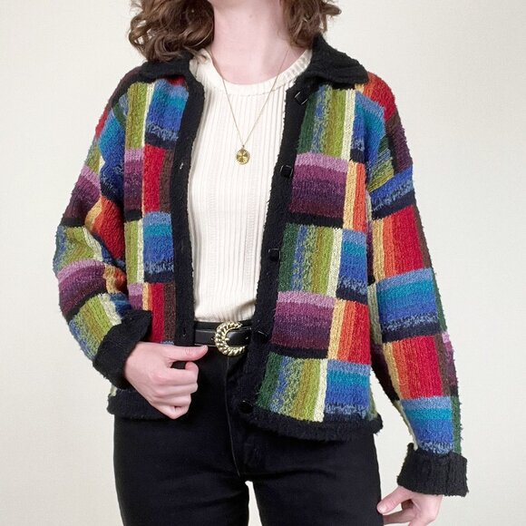 Vintage Rainbow Wool Cotton Cardigan Sweater Oversized Patchwork Eclectic Pride - Picture 8 of 8